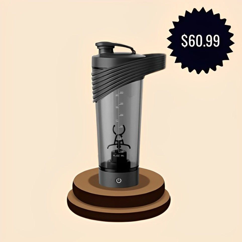Electric Protein Shaker Bottle with black-lidded blender on wooden stand.